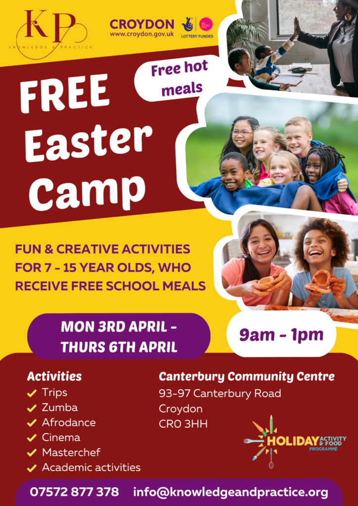 Easter Holiday HAF. 3-6 April 2023 Poster. For 7-15 years olds in Croydon