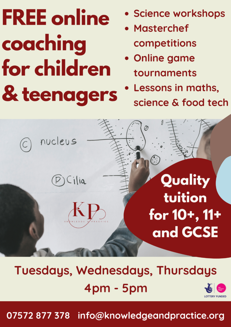 Poster. Online tutoring 10+, 11+, GCSE, Tues, Wed, Thurs, 4-5pm