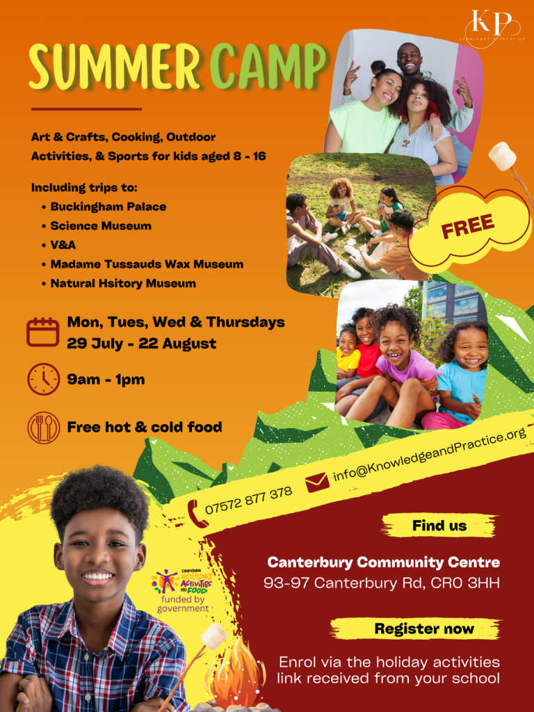 Poster Summer Camp with KAP. July August 2024. Croydon